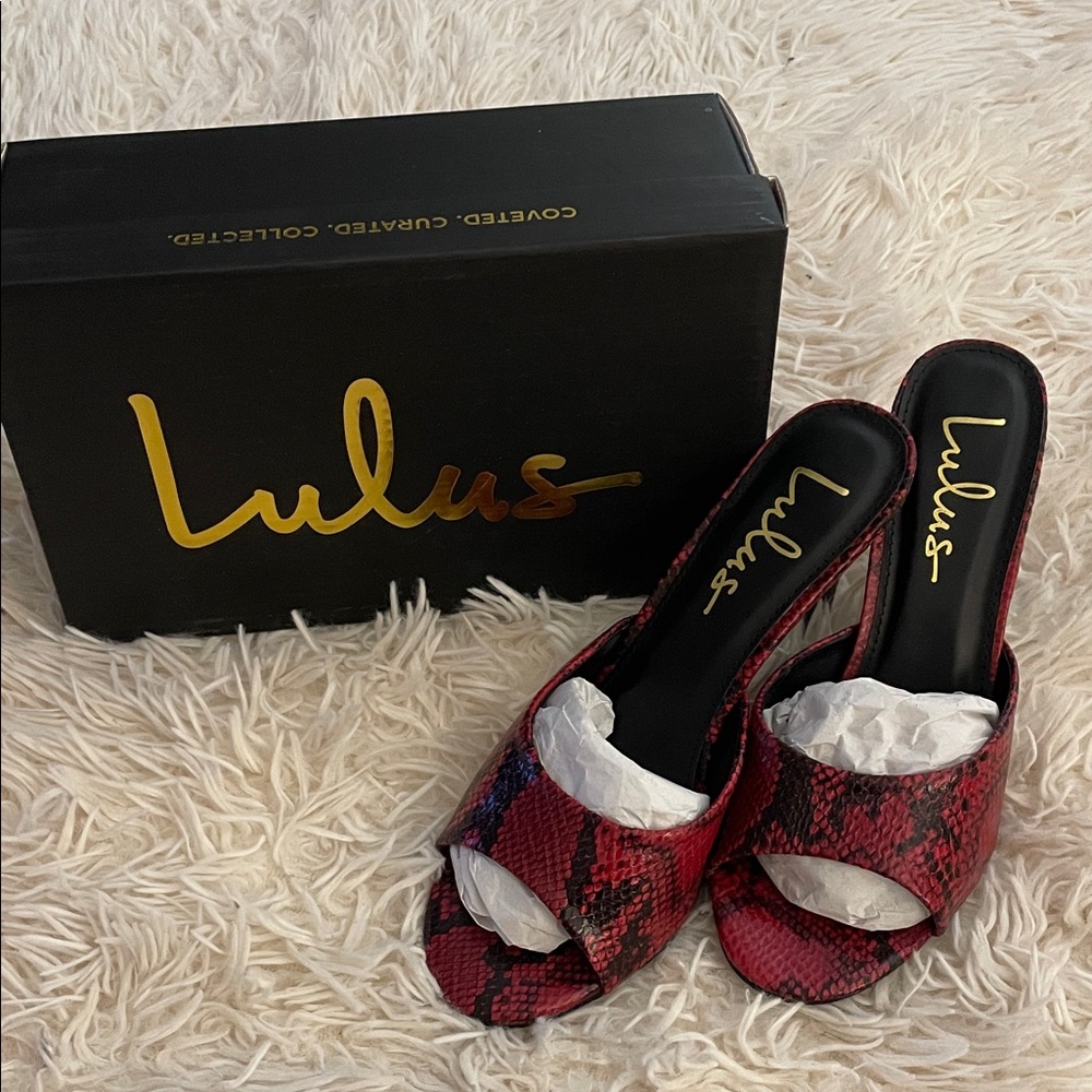 Lulu's Bold Red Snake Pattern Heels